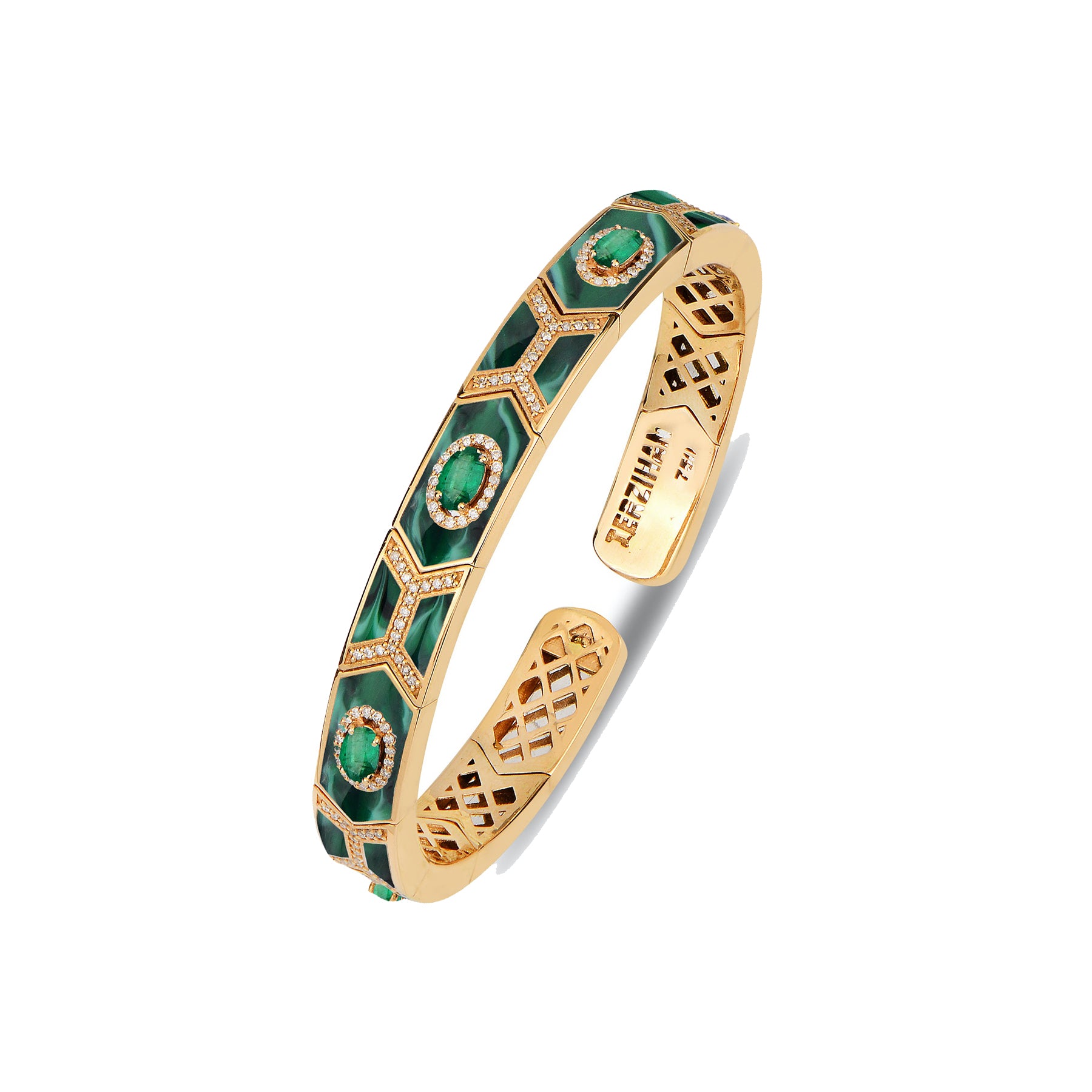 Shield Bracelet Green MOP Enamel with Emerald