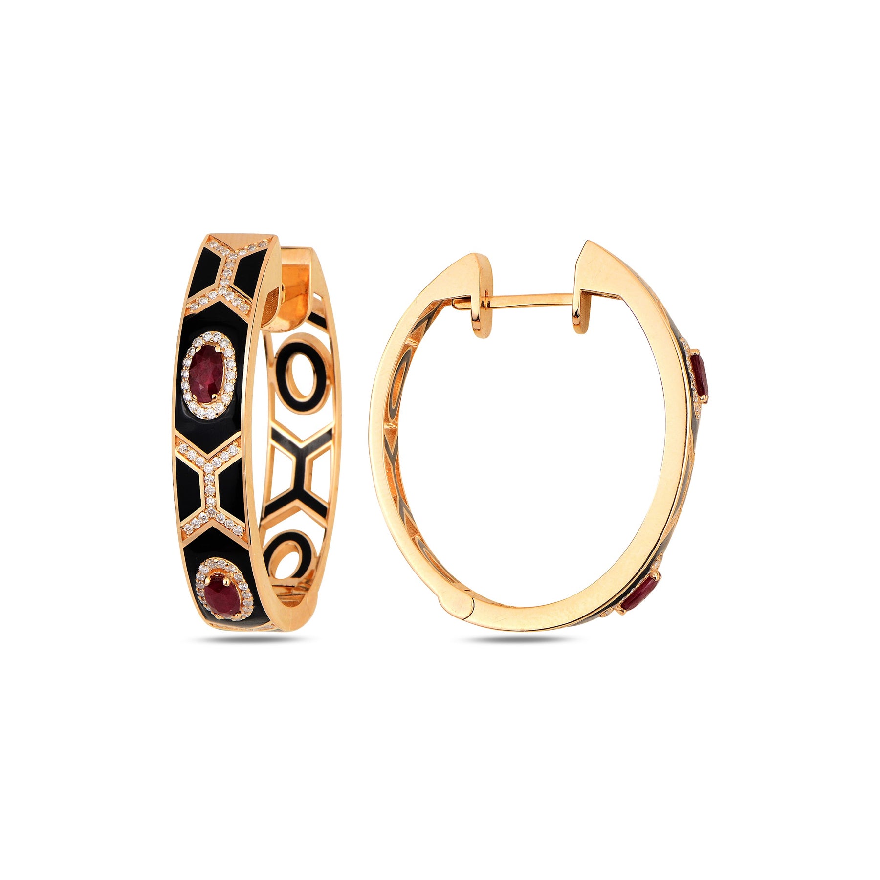 Shield Maxi Hoops - Ruby with Black Enamel