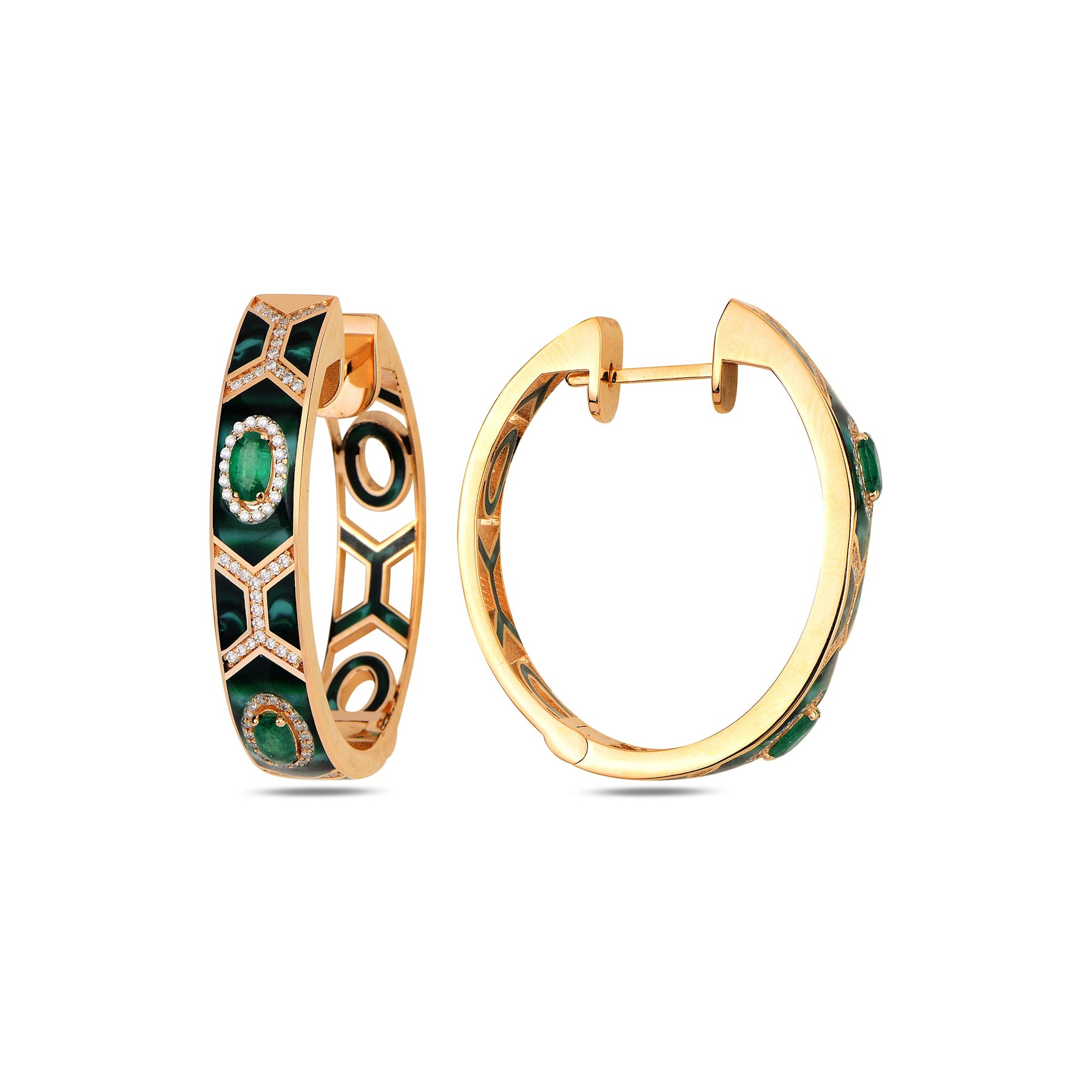 Shield Maxi Hoops -  Emerald with Green Mother of Pearl Enamel