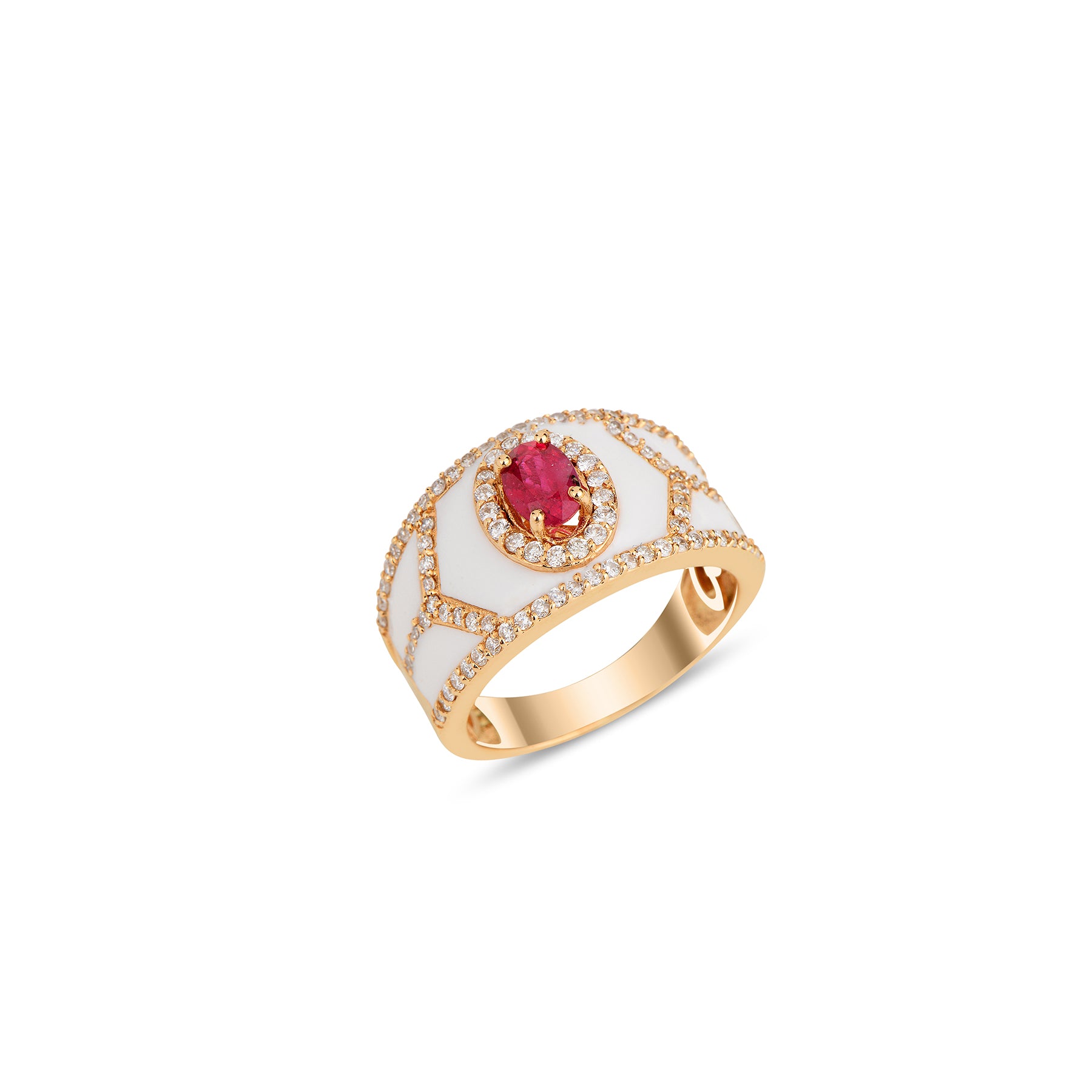 Shield Ring - Ruby with White Enamel
