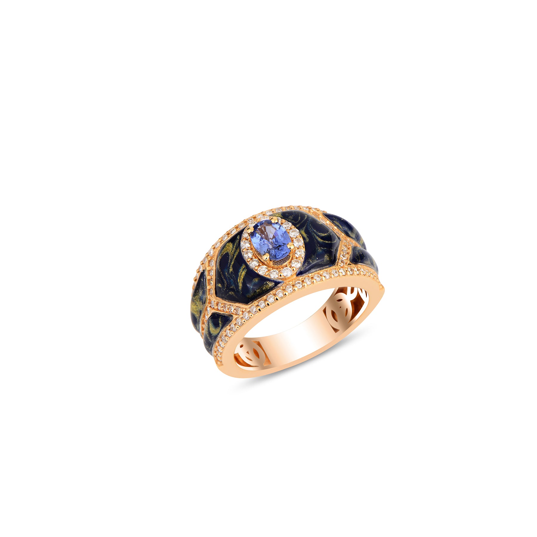 Shield Ring - Sapphire with Blue Mother of Pearl Enamel