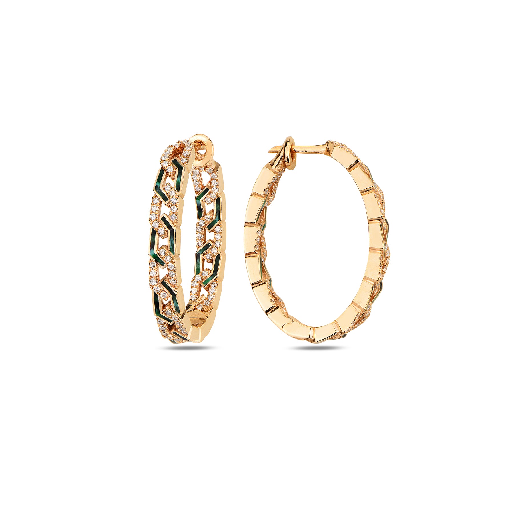 Rebel Earrings with Diamonds - Green Mother of Pearl Enamel