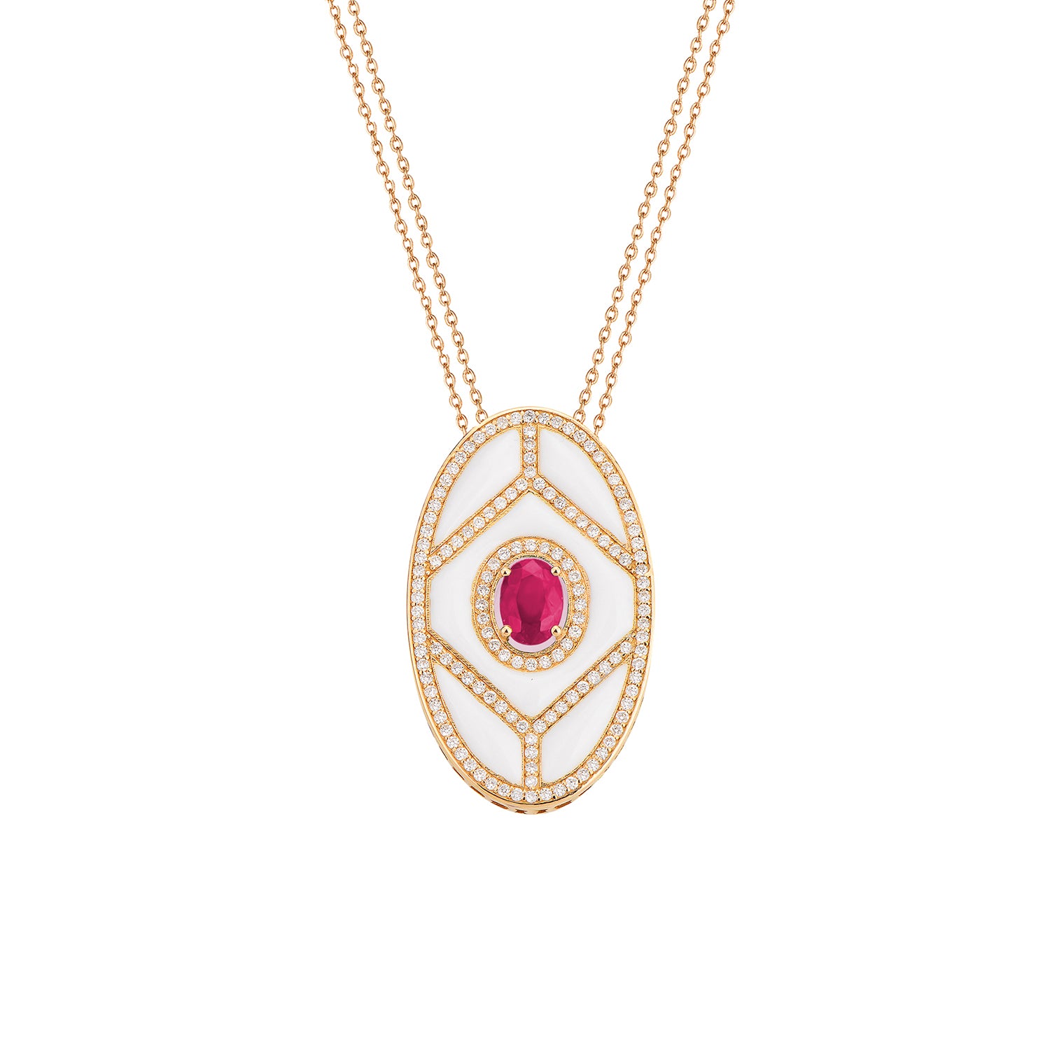 Shield Pendant - Emerald with White Enamel and Ruby