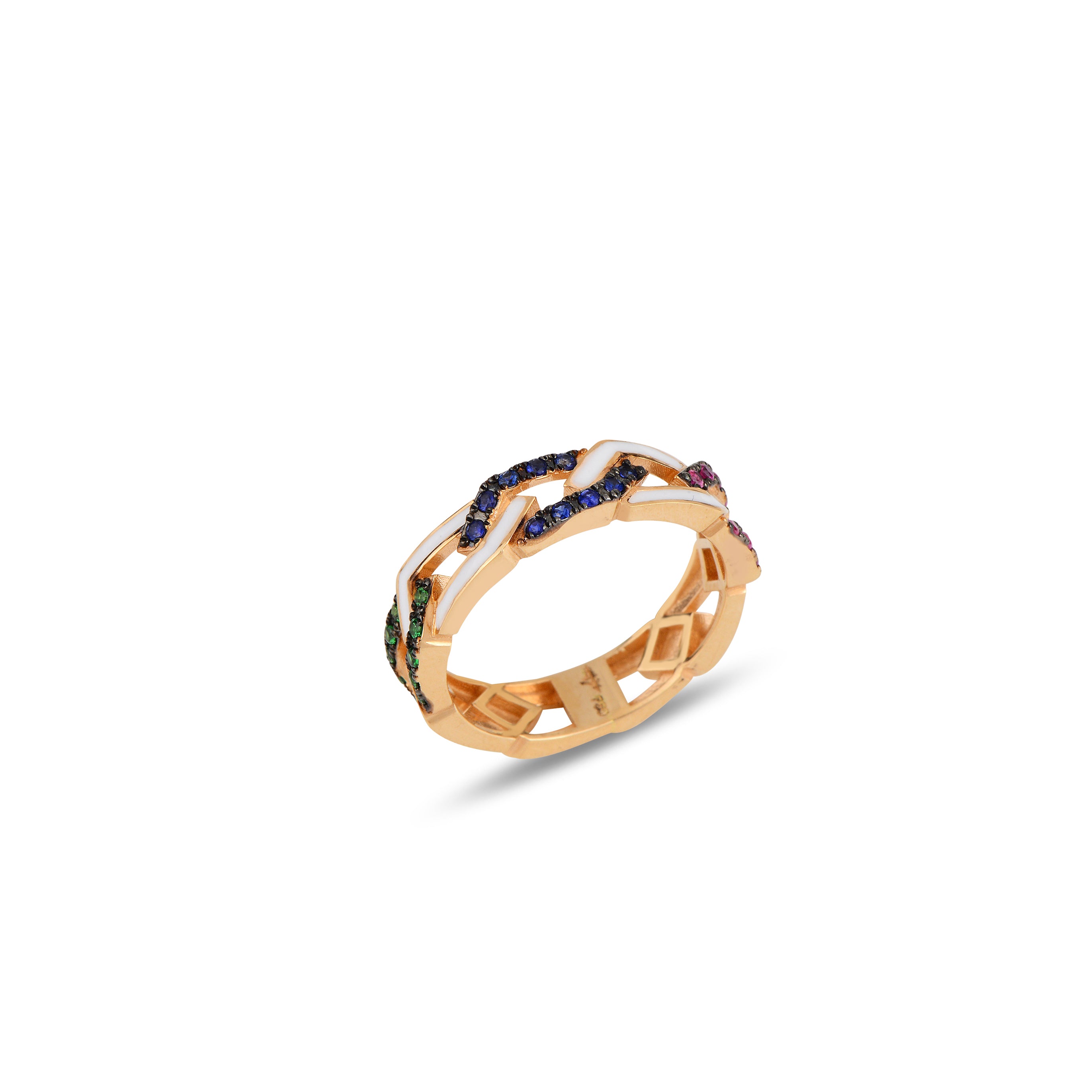 Fizzy Rebel Ring With Diamonds & Multicolor Sapphires - White Enamel