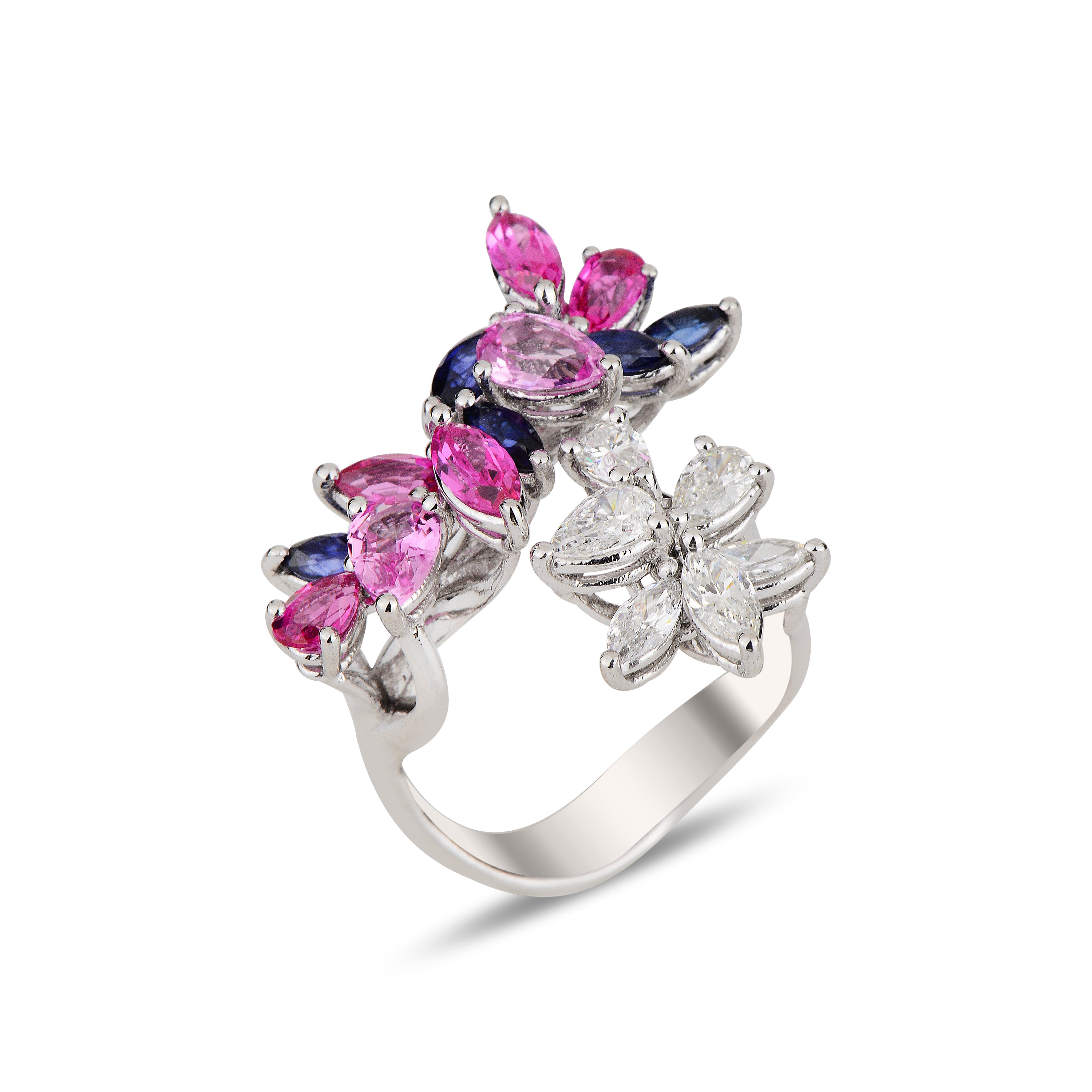 Maki White Ring with Blue and Pink Sapphire