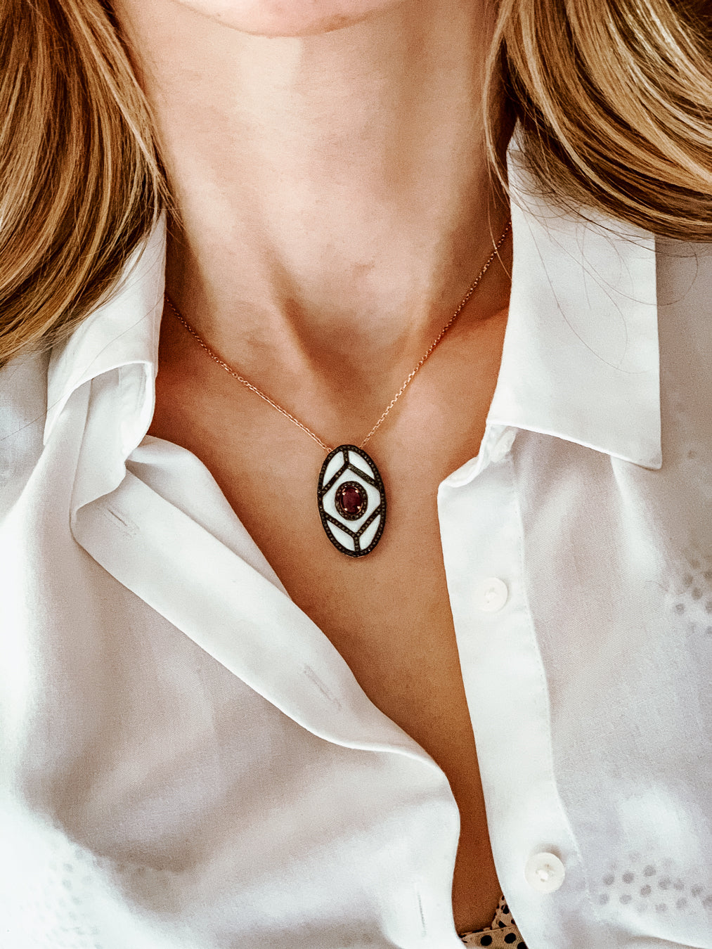 White Shield Pendant with Black Diamond / Ruby