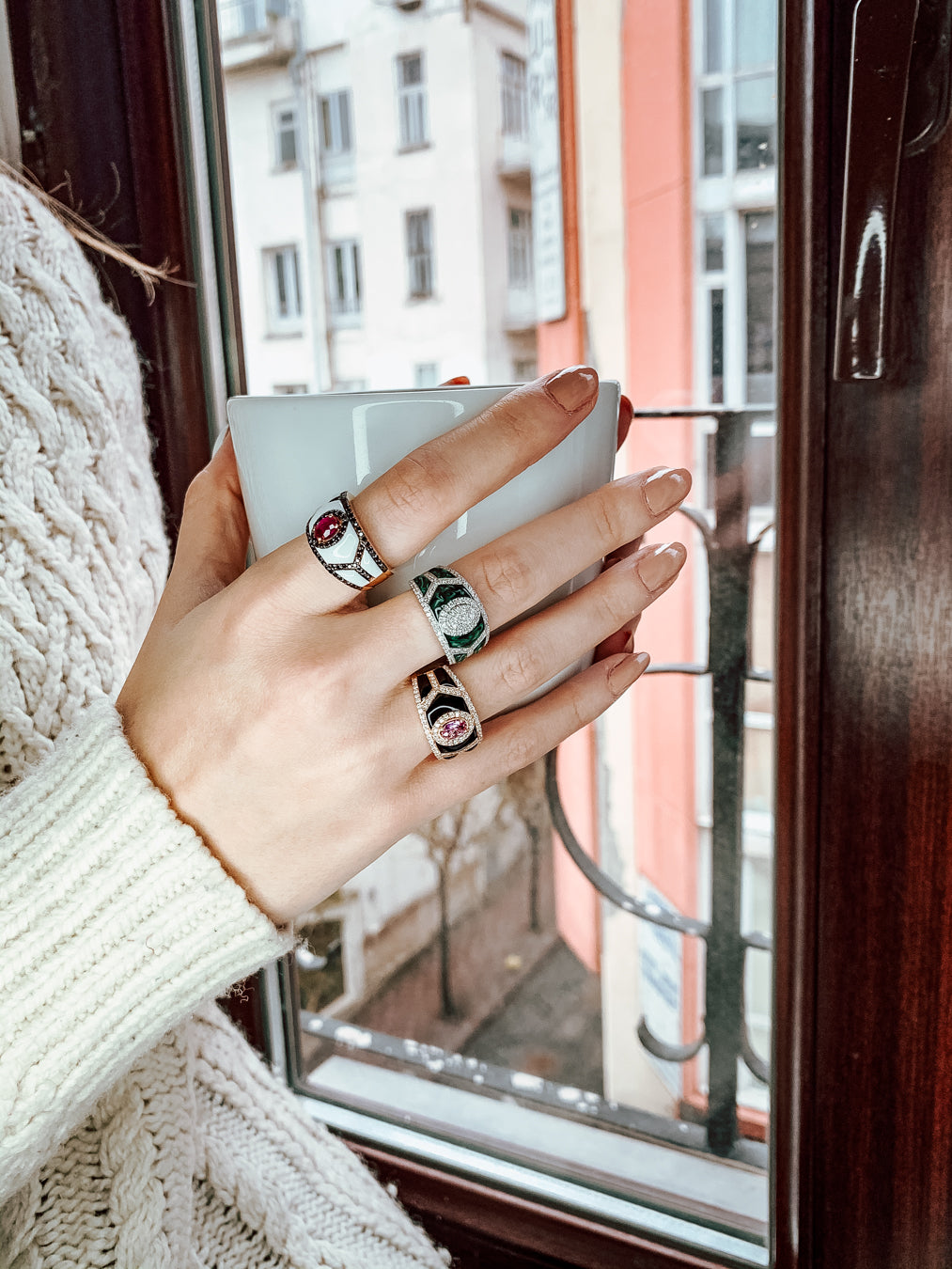 Shield Ring - Green Mother of Pearl Enamel