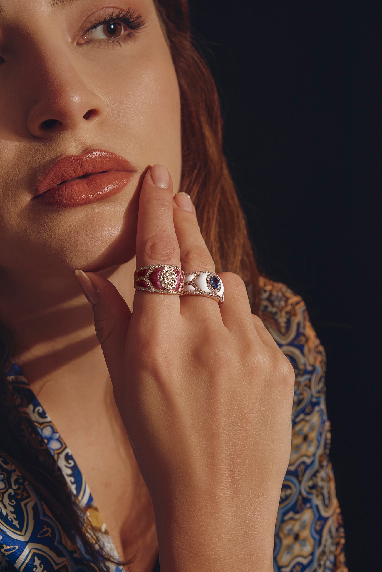 Shield Ring - Blue Sapphire with White Enamel