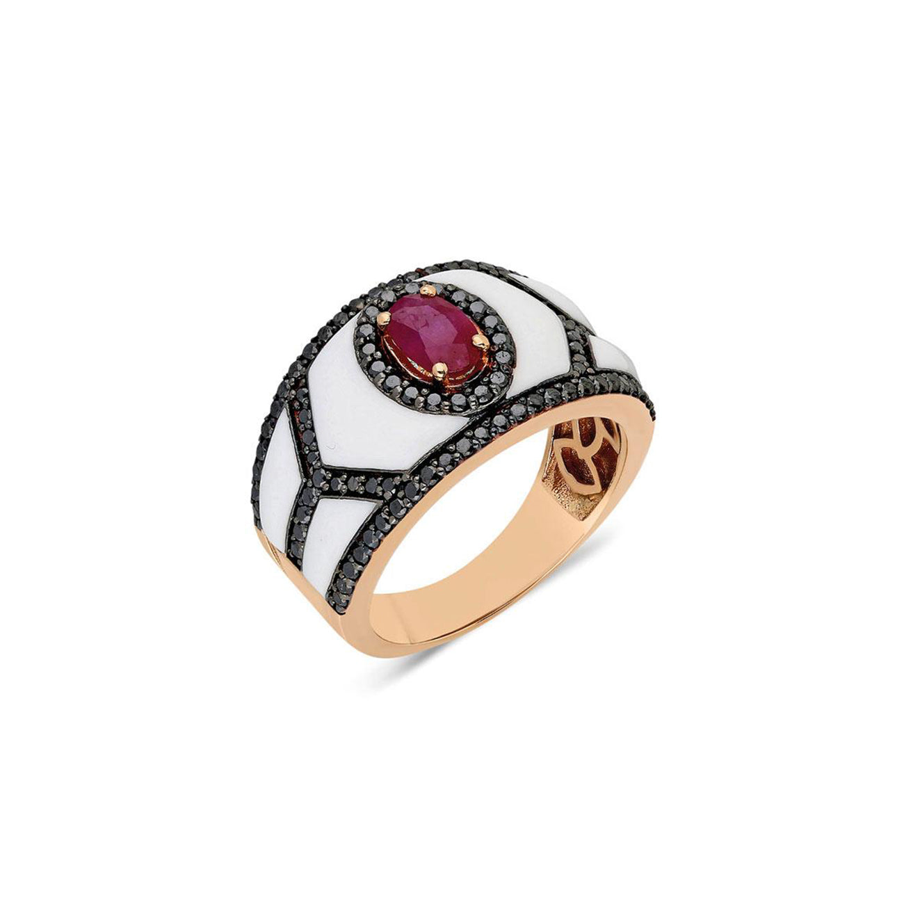 Black Editions Shield Ring - White Enamel wtih Ruby