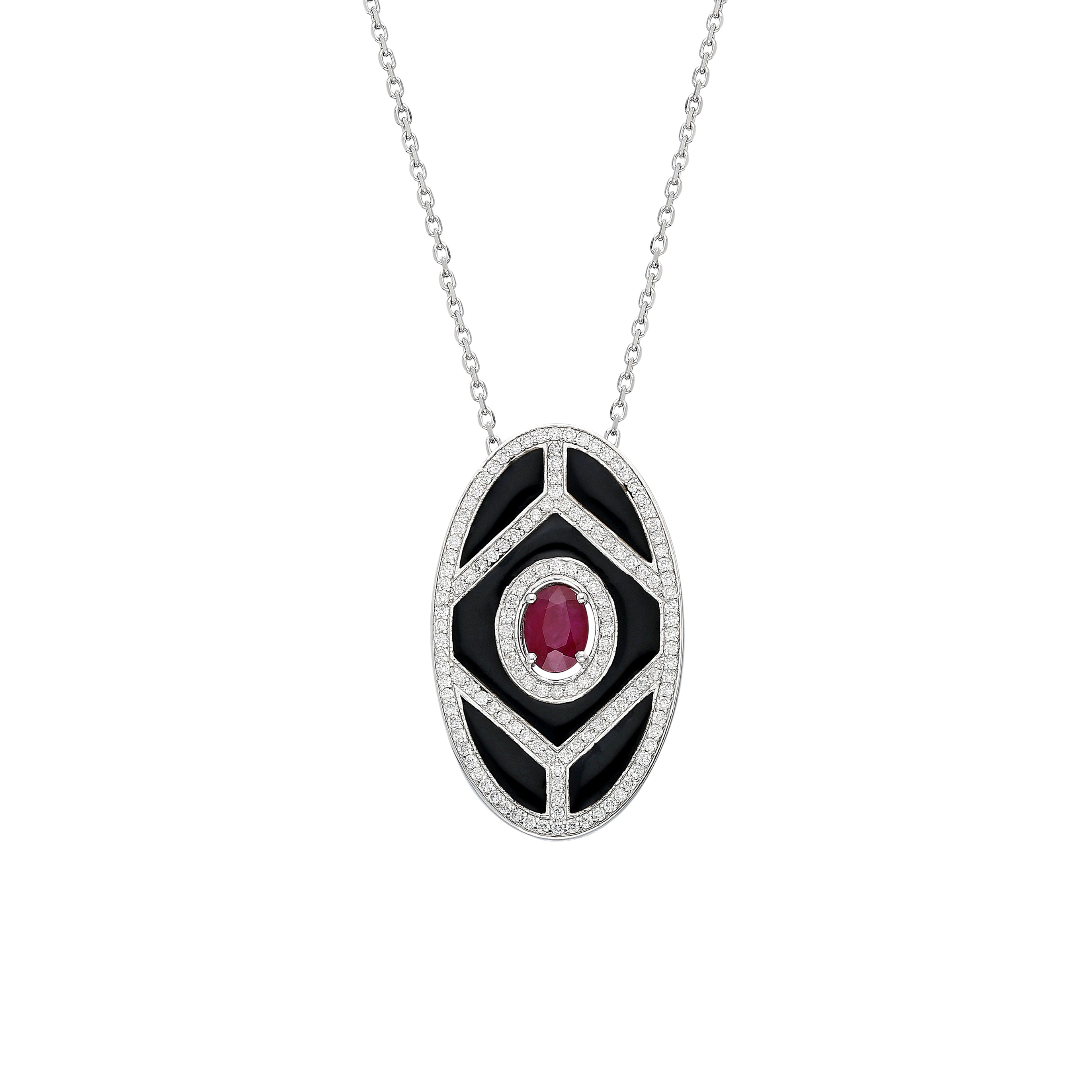 Fizzy Black Shield Pendant - White Diamonds & Ruby