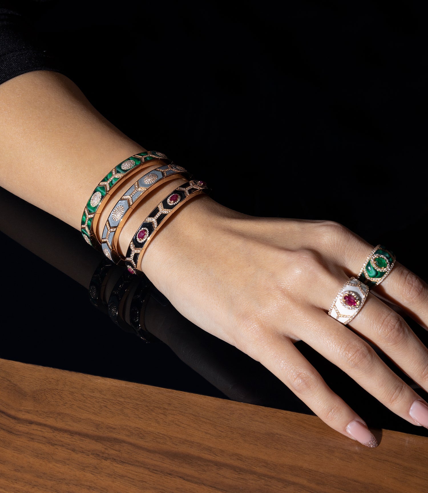 Shield Ring - Green Mother of Pearl Enamel