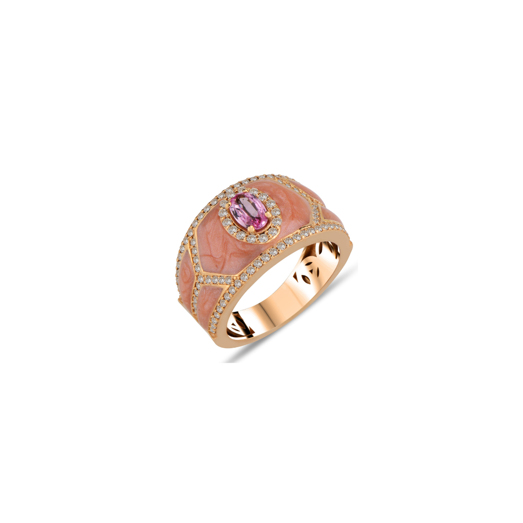 Shield Ring Pink Enamel and Pink Sapphire