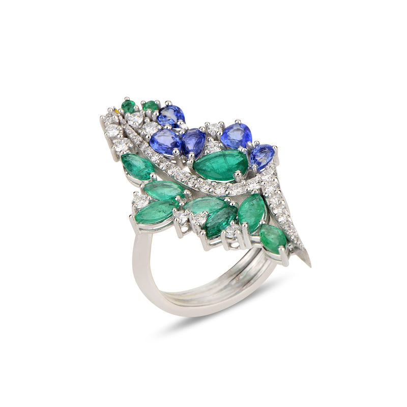 Blossom V Ring with Emerald & Blue Sapphire