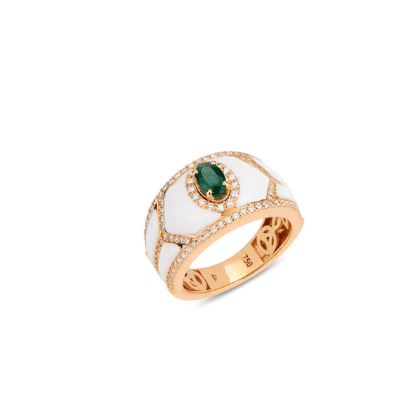 Fizzy Shield Ring White Enamel with Emerald