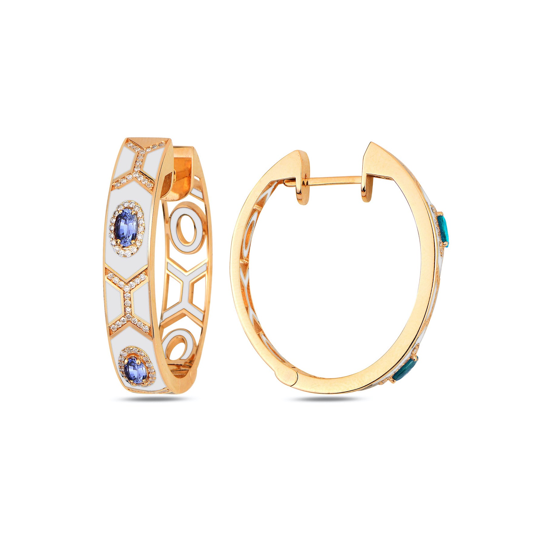 Shield Maxi Hoops with White Enamel and Sapphires