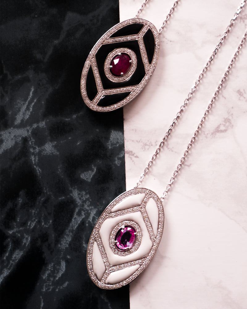 Fizzy Black Shield Pendant - White Diamonds & Ruby