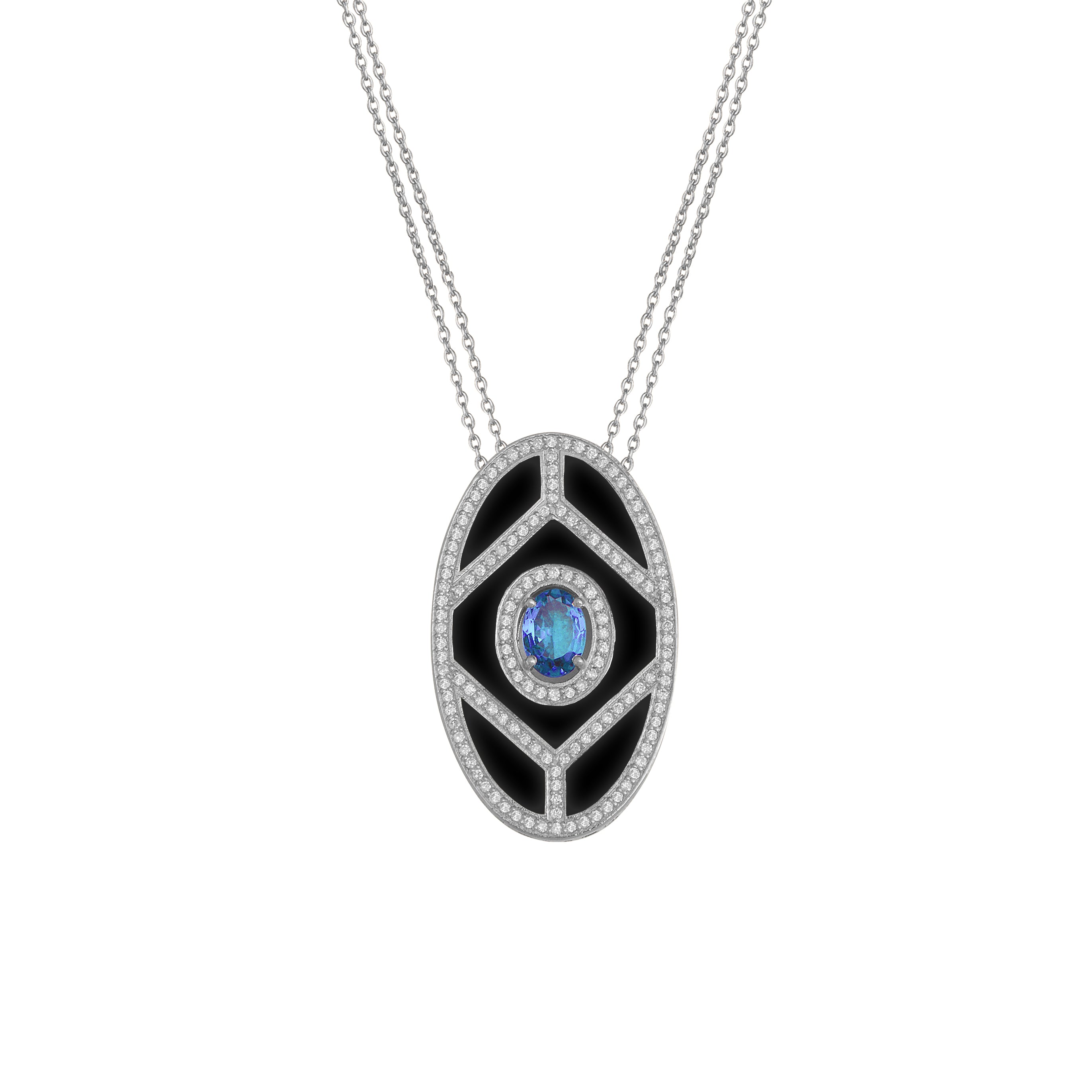 Fizzy Black Shield Pendant - White Diamonds & Blue Sapphire